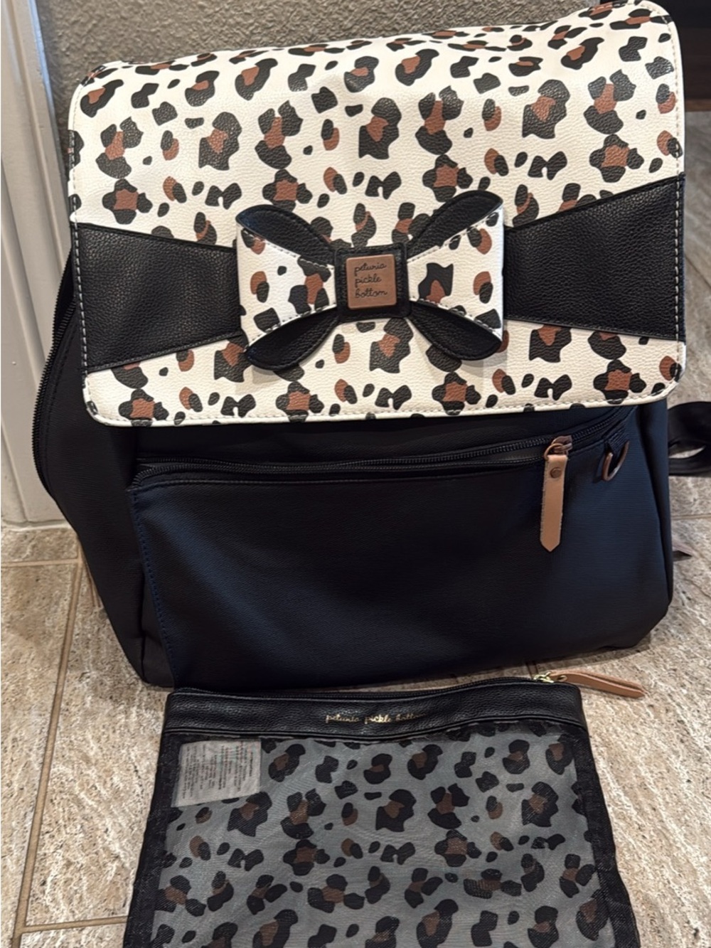 Petunia Pickle Bottom Black Backpack with Leopard Bow Accent